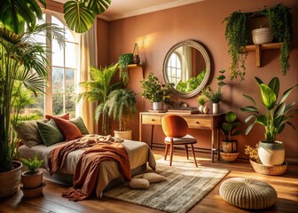 Sunlit Boho Vanity Room: Plants, Blank Canvas, Low Light Photography