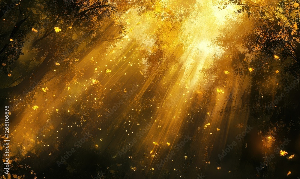 Poster golden light rays shining through trees, creating a warm and serene atmosphere.