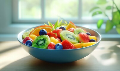 Bowl of vibrant fruit salad featuring a mix of strawberries, blueberries, kiwi, and orange slices, placed on a light wood surface