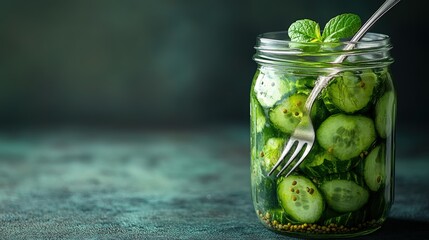 Homemade pickles jar with fork placed on dark surface ready for serving