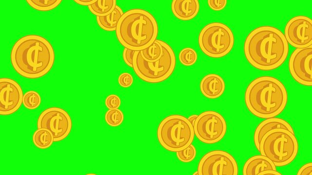 cedi coins flying animation. ghana golden coins pop up motion on green screen background. animated 4k chroma key