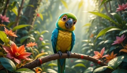 Obraz premium A cheerful tropical parrot perches on a branch, surrounded by lush jungle greenery and colorful flowers, basking in warm sunlight.