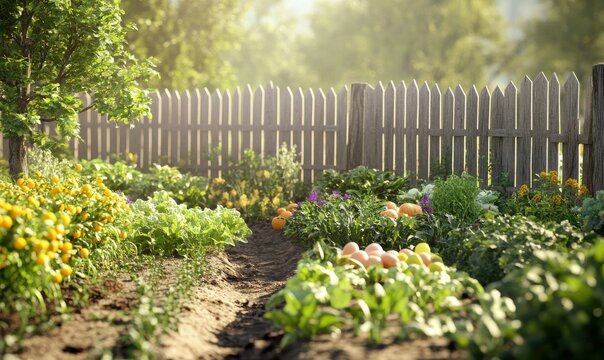 Bright and cheerful vegetable garden with rows of fresh produce, soft morning light, and a rustic wooden fenc