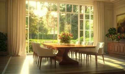 Bright dining room with a wooden table, sleek beige chairs, and large windows offering a panoramic garden view.