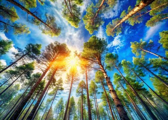 Sunlit Pine Treetops Double Exposure: Nature's Resource