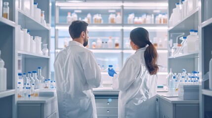 Obraz premium Advanced scientific lab, two researchers analyzing chemicals in a flask, discussing findings, medical research, biotechnology, molecular biology