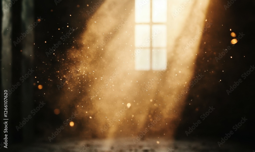 Poster close-up of dust particles floating in a beam of sunlight, creating a serene and nostalgic atmospher