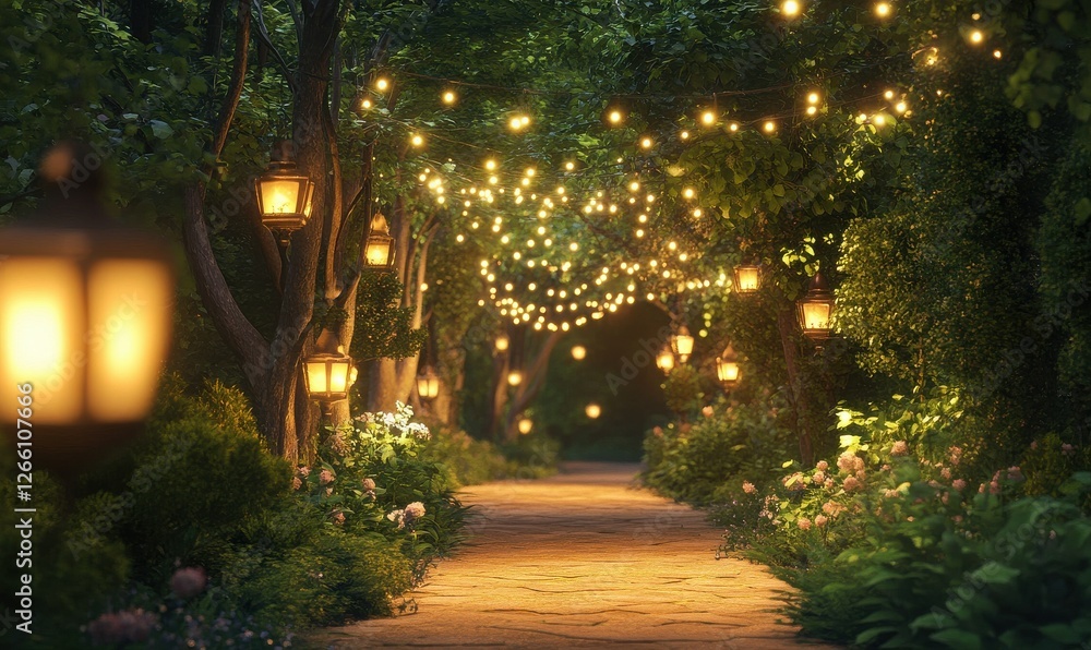 Poster serene garden path illuminated by lanterns and string lights at night.