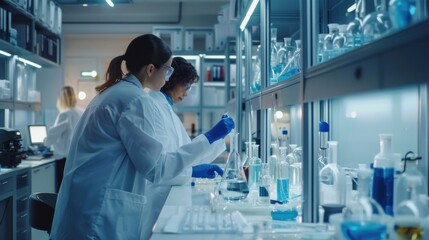 Advanced scientific lab, two researchers analyzing chemicals in a flask, discussing findings, medical research, biotechnology, molecular biology