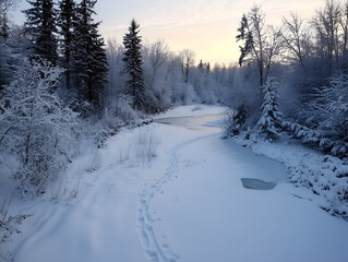 Snow-covered forest clearing with frozen pond and animal tracks