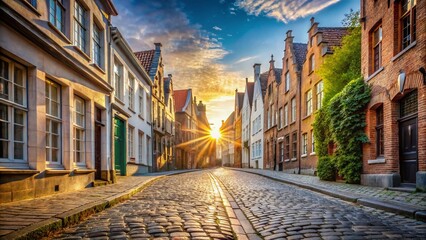 Obraz premium Sunny Bruges Cobblestone Street: Empty Medieval Lane in Belgium