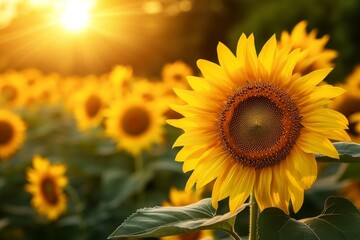 Obraz premium Sunflowers bloom vibrantly under the golden light of sunset in a serene field