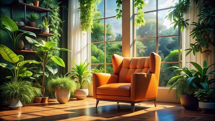 Fototapeta premium Sunny Living Room with Bright Orange Armchair & Plants