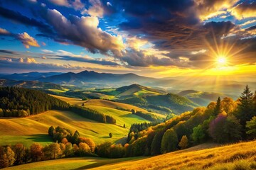 Obraz premium Sunny Landscape Horizon: Golden Hour Panorama View