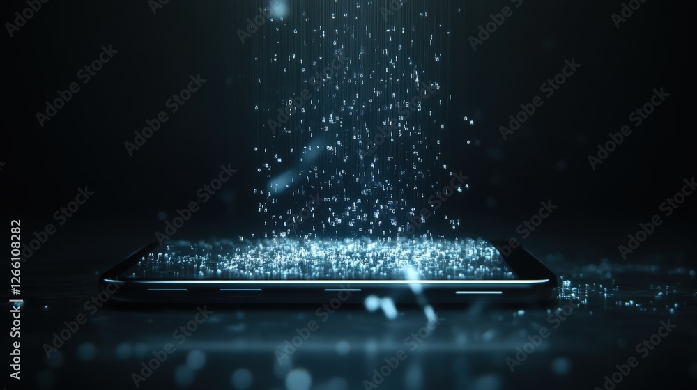 Poster a mobile device resting on a sleek surface emanating translucent streams of encrypted characters tha