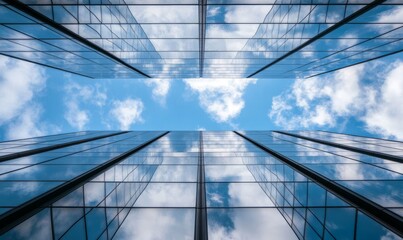 Upward view of a glass skyscraper reflecting the sky, with clouds and blue tones creating a modern and sleek look. Concept: Urban architecture and progress.