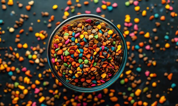 Surrounded by scattered pieces, a bowl of multicolored pet food kibbles signifies the variety and nutritional benefits in pet food.