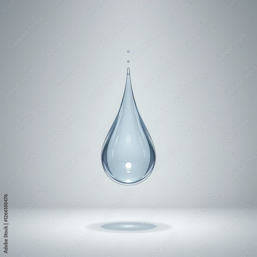 Poster solitary water drop suspended in mid-air with gradient shadow on white background generative ai