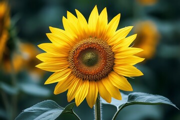 Fototapeta premium Vibrant sunflower blooming against a backdrop of green foliage in bright daylight