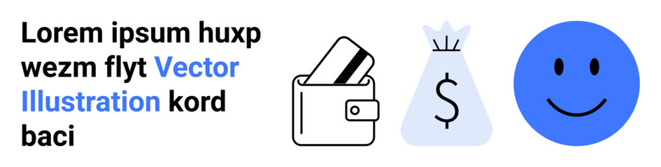Wallet with credit cards, money bag with dollar sign, and blue happy face. Ideal for finance, saving money, content placeholders, cheerful themes, mobile payments happiness user experience. Landing