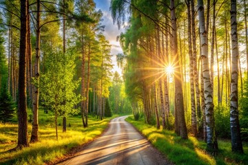 Obraz premium Sunny Summer Forest Road: Birch and Pine Trees, Scenic Pathway