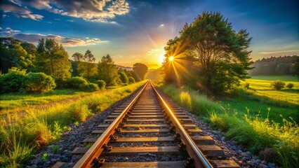 Fototapeta premium Sunny Summer Morning Railway Tracks: Golden Hour Landscape Photography