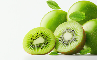 Fototapeta premium set of whole kiwi fruit and one cut in half are displayed with green leaves on white background, showcasing their vibrant green color and texture