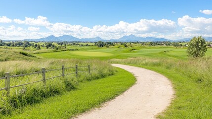 Fototapeta premium Scenic golf course path, mountains, summer