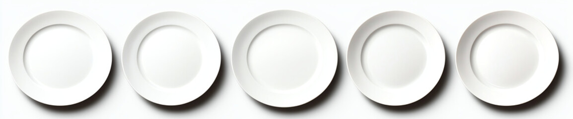 set of five white plates is arranged in row on white background, showcasing their simplicity and elegance