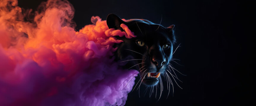 La cabeza de la pantera negra explota en una nube de humo dorado, azul y violeta, mezcl&aacute;ndose con el cielo nocturno
