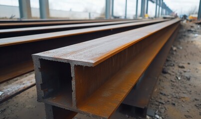 Steel beams and large metal structures being processed in a heavy-duty factory, industrial fabrication, construction materials production
