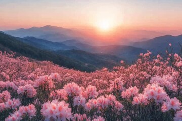 Fototapeta premium Colorful blossoms blanket the mountains as the sun sets in a serene landscape
