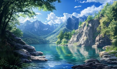 A breathtaking view of a crystal-clear lake surrounded by lush greenery and rocky cliffs, with a majestic mountain in the background under a bright blue sky