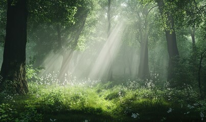 Tranquil view of a dense forest covered in mist, with sunlight streaming through lush greenery, creating a serene atmosphere.