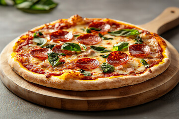 delicious pepperoni pizza topped with fresh basil leaves on wooden board