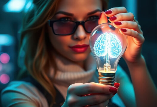 Mujer ciberpunk sostiene una bombilla con un cerebro hologr&aacute;fico en su interior, que simboliza la inteligencia y la innovaci&oacute;n futuristas
