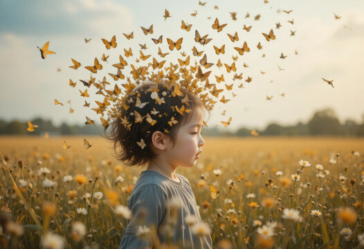 Ni&ntilde;o jugando en el campo, con la cabeza disolvi&eacute;ndose en un enjambre de delicadas mariposas alzando el vuelo
