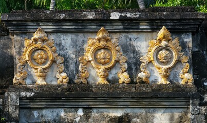 The coastal cliffs of Bali, Indonesia, are adorned with stucco moldings incorporating golden elements.