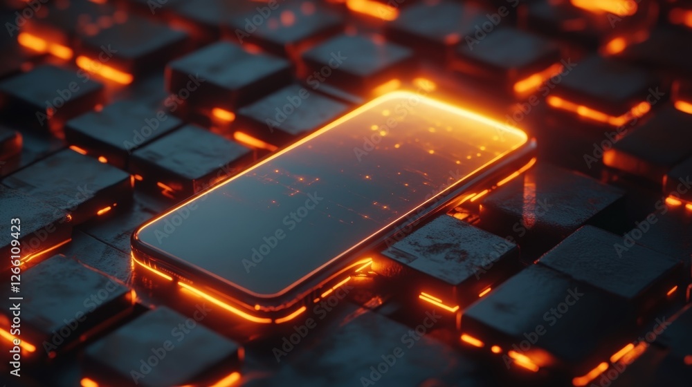 Poster a detailed closeup reveals a smartphone backed by a sy formation of luminous bricks that construct a
