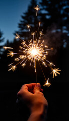Hand holding a sparkling firework at dusk with a dark forest background