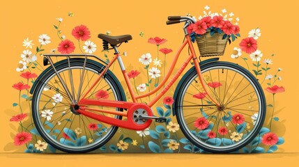 Fototapeta premium Minimalist bicycle design with a basket and flowers on a bright yellow background