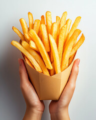 Golden French fries held in hands against white background, showcasing their crispy texture