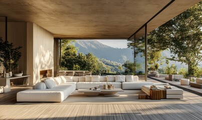 Bright open-plan living room featuring white sofas, wooden floors, and floor-to-ceiling windows overlooking a scenic landscape.