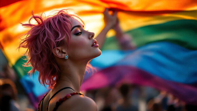Nature photograph of beautiful lesbian model with pink hair and a rainbow flag at gay pride pride month coming out day lgbt history month created with generative ai, 756