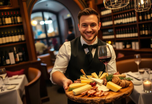Camarero amable que sirve una elegante tabla de quesos y embutidos en un acogedor bar de vinos europeo con iluminaci&oacute;n tenue

