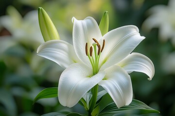 Obraz premium White lily blooming in a lush garden setting during bright daylight