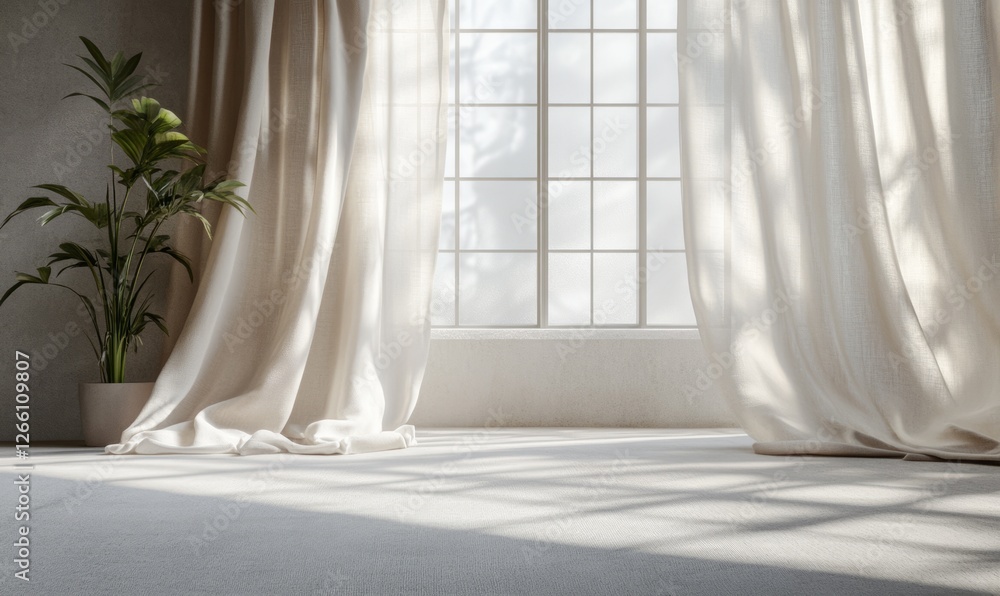 Poster a minimalistic background featuring a large window with curtains gently billowing in the breeze. the