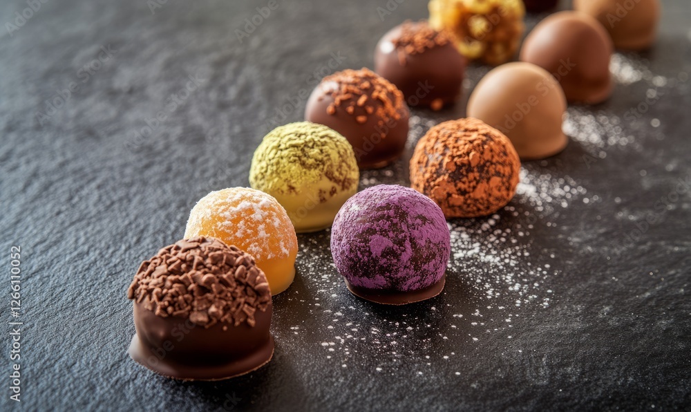 Poster a row of chocolate truffles dusted with powdered sugar and filled with unique flavors such as lavend