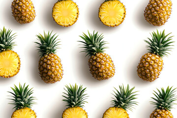seamless pattern of whole pineapples and pineapple slices on white background, showcasing vibrant colors and textures. arrangement creates tropical and fresh aesthetic