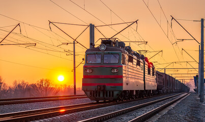 Old Soviet electric locomotive with a heavy freight train at sunset in Kyiv, the capital of Ukraine